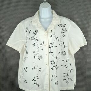 Erika II Collection Women's Ivory Embroidered Button Front Blouse 1X Linen